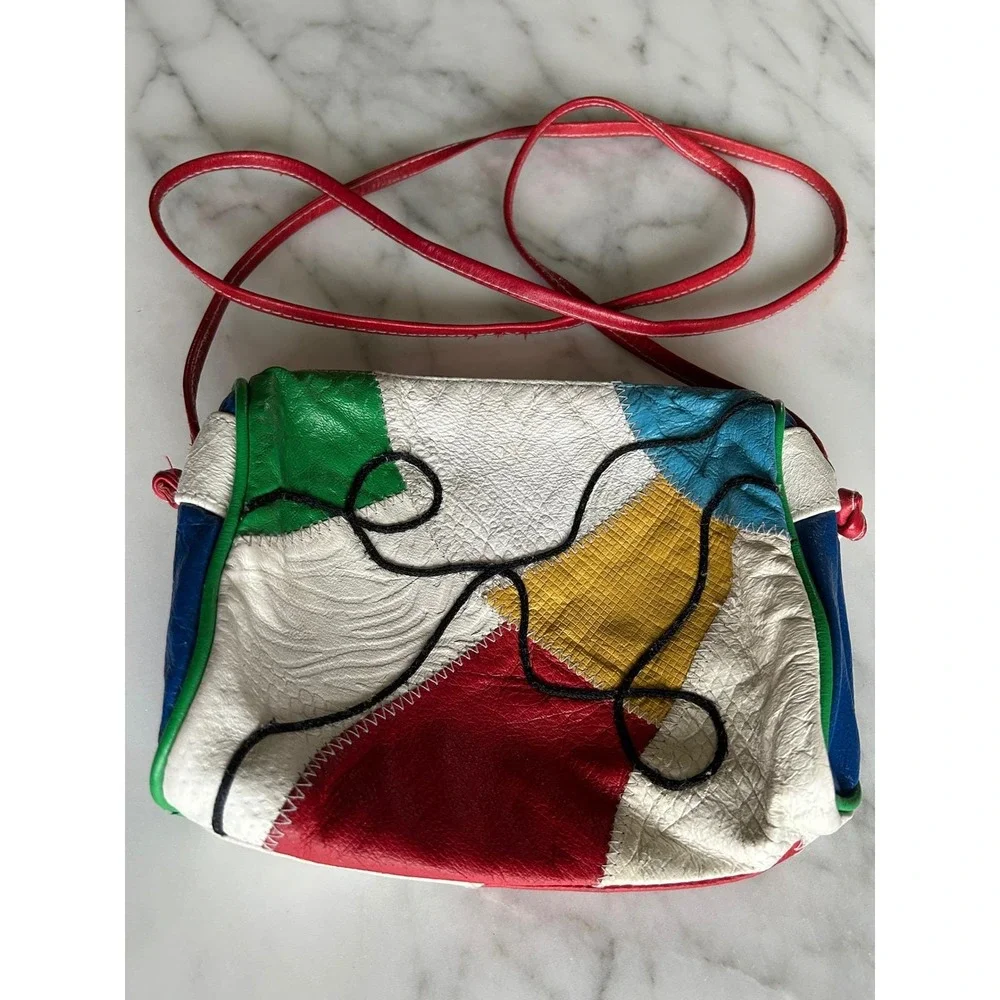 Sereta Vintage 90s‎ Patchwork Leather Crossbody Bag Primary Colorblock Pop Art
